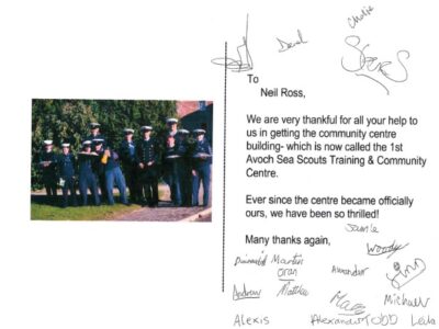 Thank You Card to Grigor & Young from 1st Avoch Sea Scouts