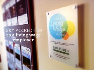 Living Wage Accreditation Plaque at Grigor & Young LLP's Elgin premises
